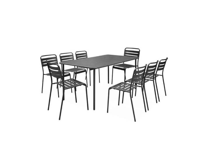 Table de jardin métal + 8 assises anthracite traitement antirouille. lattes et bords arrondis