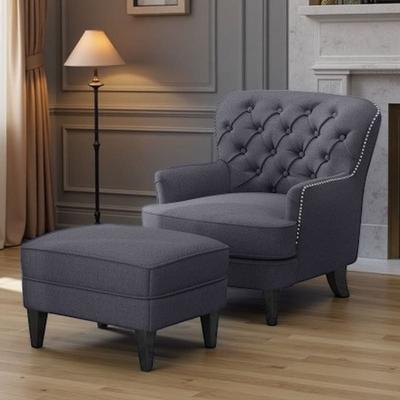 Modern Fabric Club Chair and Matching Ottoman Set, Upholstered 100% Polyester Lounge Armchair with Birch Wood Legs