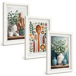 BILDER SET 3er Set - 20x30 cm Weißer Rahmen - Küchenaccessoires auf pflanzlicher Basis
