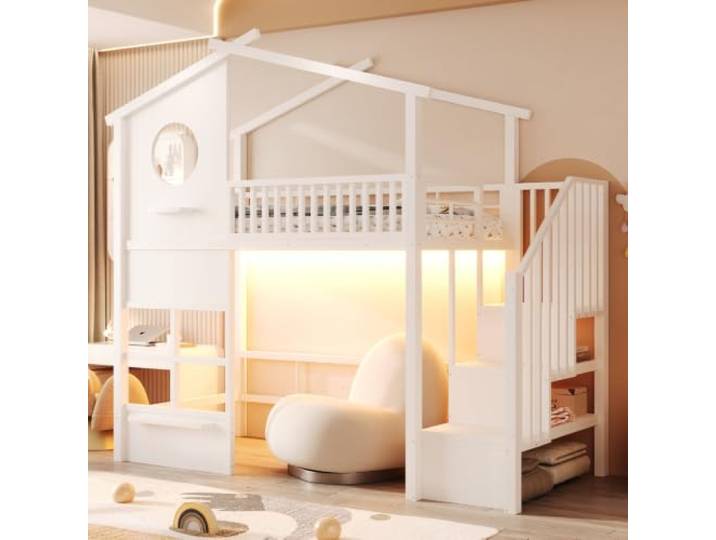 I0I&I0I Eisenhochbett Hausdesign mit Schutzgitter – Treppe, Stauraumregal und sicherer Schlafplatz (White + Metal)