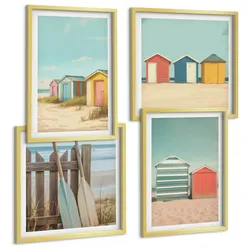 BILDER SET 4er Set - 50x50 cm & 40x60 cm Goldrahmen - Bunte Strandhäuser