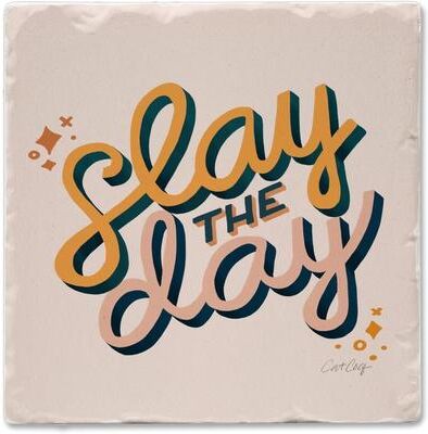Thirstystone "Slay The Day 4 Pack Tumbled Tile Stone Coaster with Protective Cork Backing Made in The USA 4"" Square, Colorful, Wipes Clean"