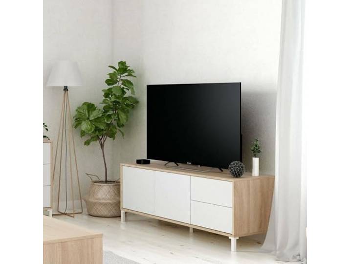 Dmora - Cary TV-Ständer, Sideboard für Fernseher mit 2 Türen, Wohnzimmer-TV-Ständer, TV-Ständer, Sideboard für Wohnzimmer, 130x41h47 cm, Eiche und Weiß