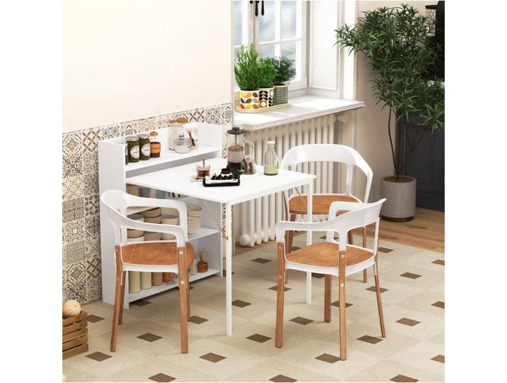 Table pliante gain de place avec rangements intégrés 3 étagères anti-basculement blanc style industriel JOINERY