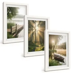 BILDER SET 3er Set - 20x30 cm Weißer Rahmen - See, Wald, Boot, Morgennebel