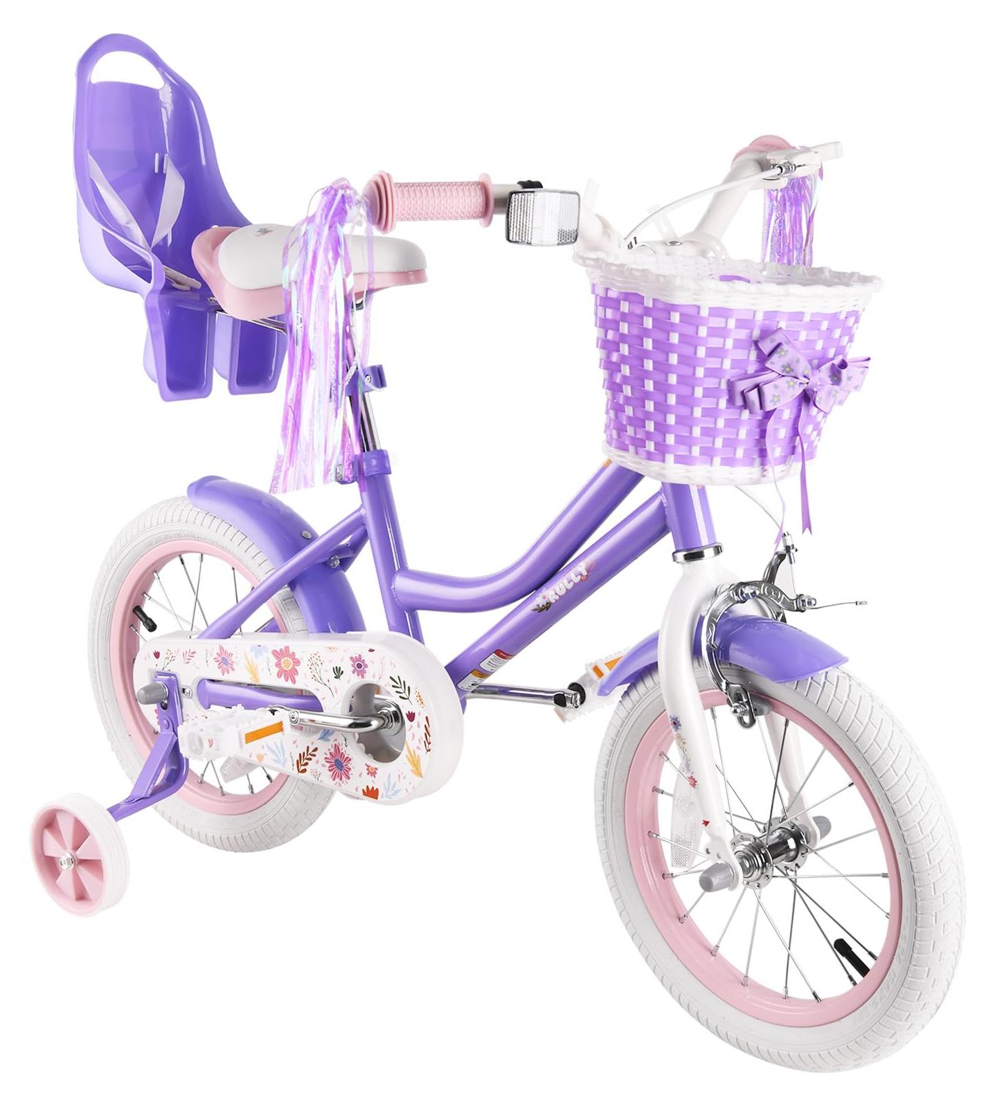 Kinderfahrrad 16 Zoll, Mädchen, lila, mit Stützrädern und Korb