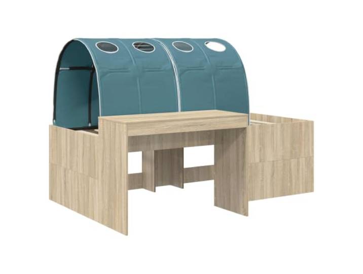SKTQYQO Bett mit 3 Teilen Eiche Handwerk und Hellblau Technisches Holz, Details aus Mikrofaser, Lattenrost, zeitgenössisches Design