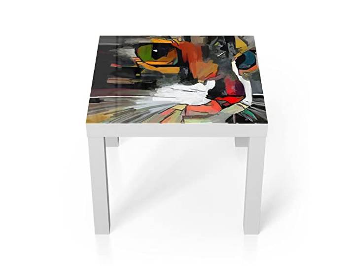 DEQORI Glastisch weiß klein 55x55 cm Motiv Abstraktes Katzengesicht ausgefallener Beistelltisch aus Glas Hochglanz Couchtisch fürs Wohnzimmer moderner Couch Tisch mit Design