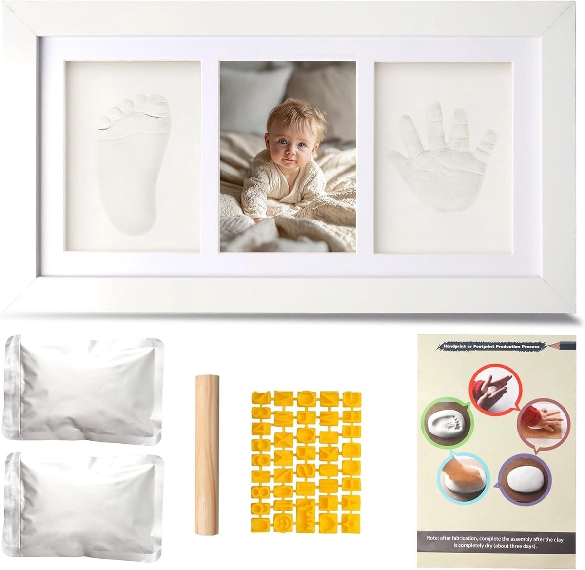 Handafdruk- en voetafdrukset voor baby's met houten fotolijst en klei aandenken