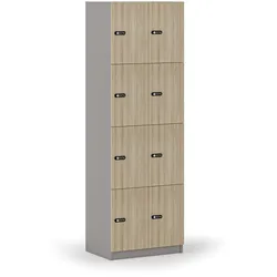 Holzspind S4 mit Ablagefächern, 8 Fächer, zerlegt, mechanisches Codeschloss, grau/Eiche natur