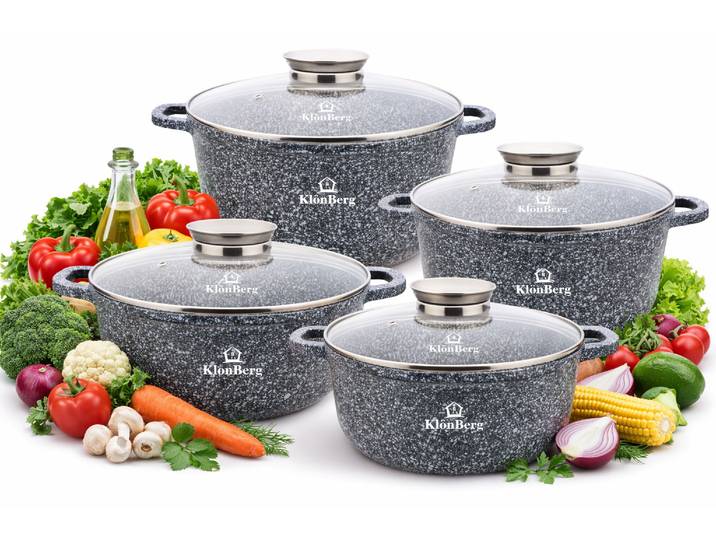 Ensemble de 8 ustensiles de cuisine KlönBerg Revêtement marbré pot avec couvercle revêtement antiadhésif pour plaques à induction parfait comme cadeau Compatible avec tous