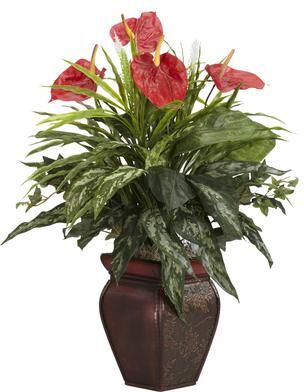 Nearly Natural Mixed Greens and Anthurium with Decorative Vase Silk Plant