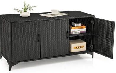 Costway 84 Gallon Patio Wicker Deck Box 3-Door PE Rattan Storage Container with Removable Shelves-Black