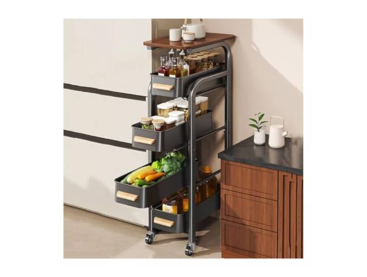 MJJRWF Rollbarer Küchenwagen mit ausziehbaren Schubladen Rollbarer Küchenwagen, ausziehbare Schubladen, Holzplatte, Metallgestell, Sicherheitsriegel(Black,30x39x112cm)