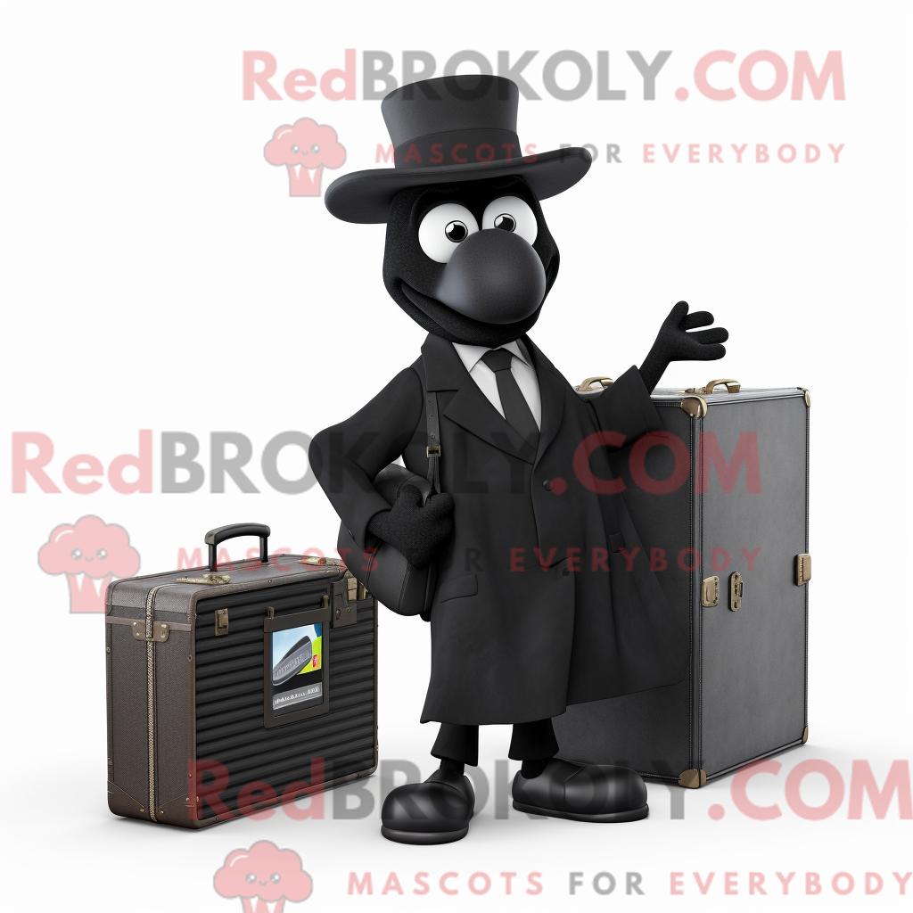 Maskottchen REDBROKOLY eines schwarzen Fernsehers mit Mantel und Aktentasche