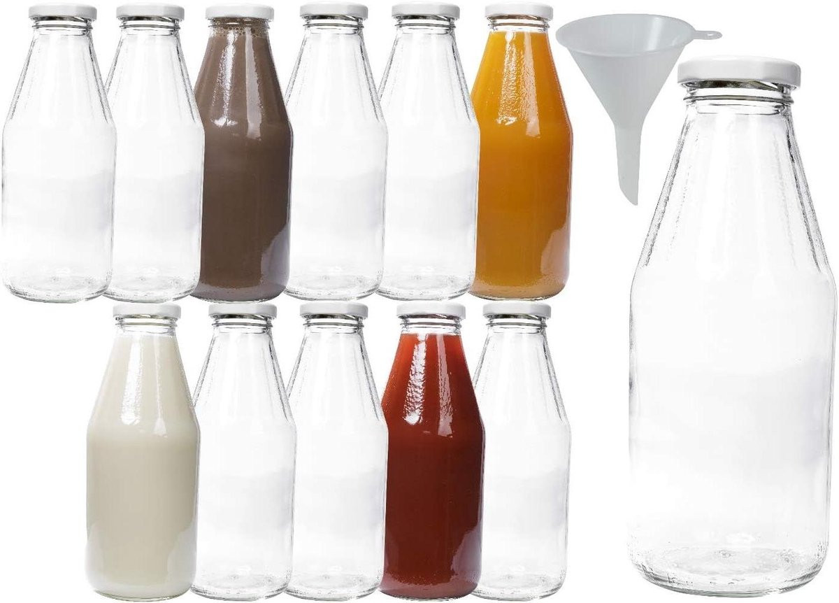 Wit Glazen Flessen met dop en trechter voor het vullen van dranken, 500 ml