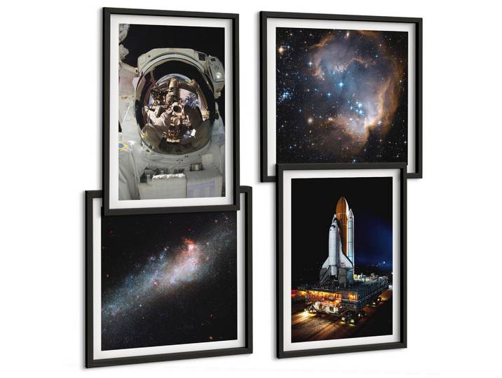 BILDER SET 4er Set - 50x50 cm & 40x60 cm Schwarzer Rahmen - Astronauten landen auf dem Mond