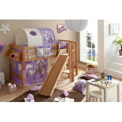 TiCAA Hochbett mit Rutsche Podestbett "Tino" Buche Natur Motiv, teilbar mit Farbauswahl