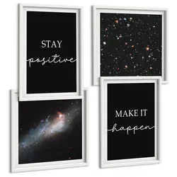 BILDER SET 4er Set - 50x50 cm & 40x60 cm Weißer Rahmen - Motivationsslogans Sterne Weltraum