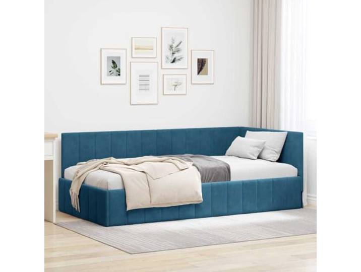 RJPLMFV Eckbettgestell, 100 x 200 cm, Velours, Blau Kompaktes Design in L, atmungsaktiver Stoff, stabile Konstruktion, Kopfteil wendbar