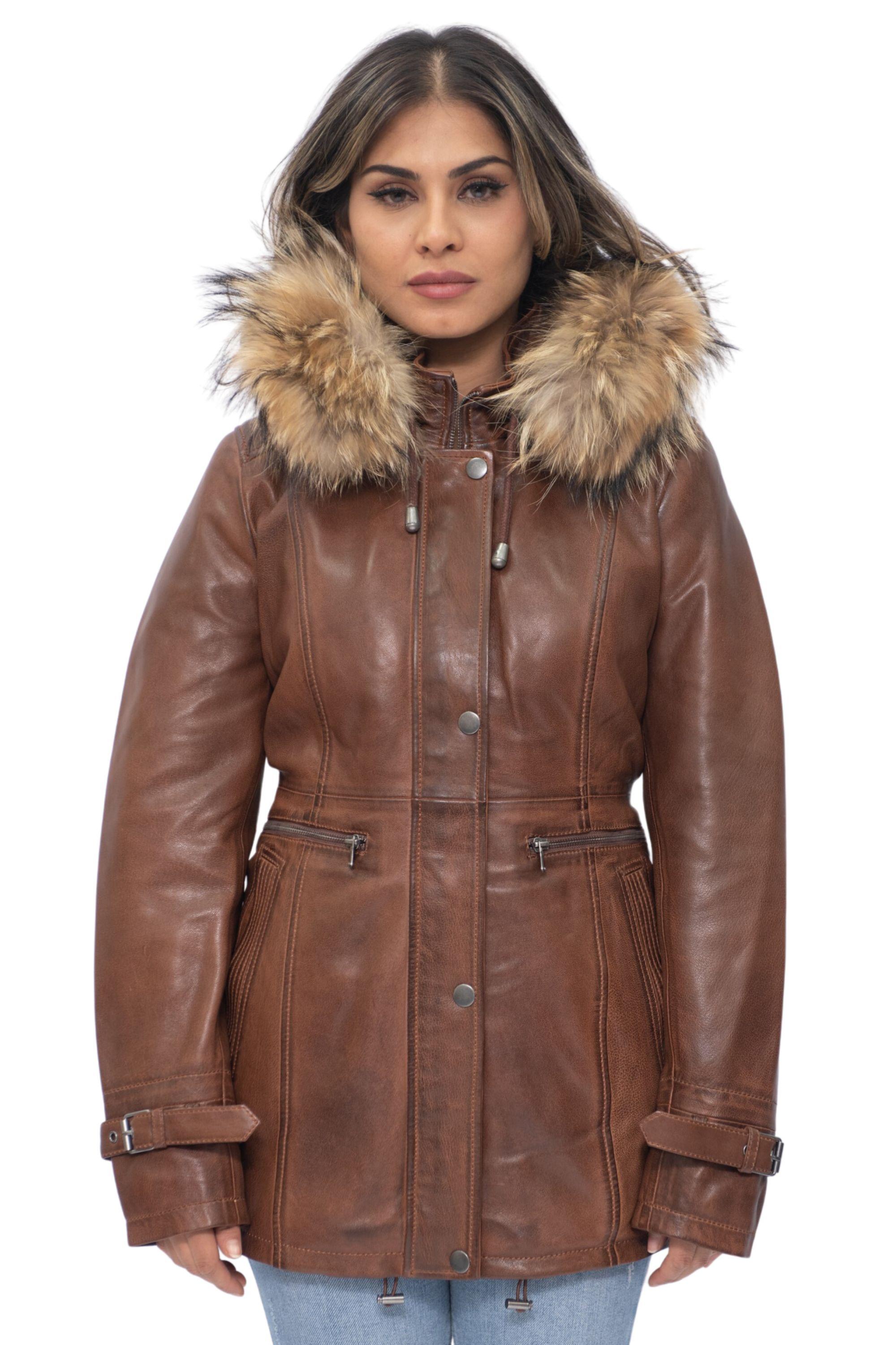 Damen-Parkajacke aus Leder mit Kapuze – Putian