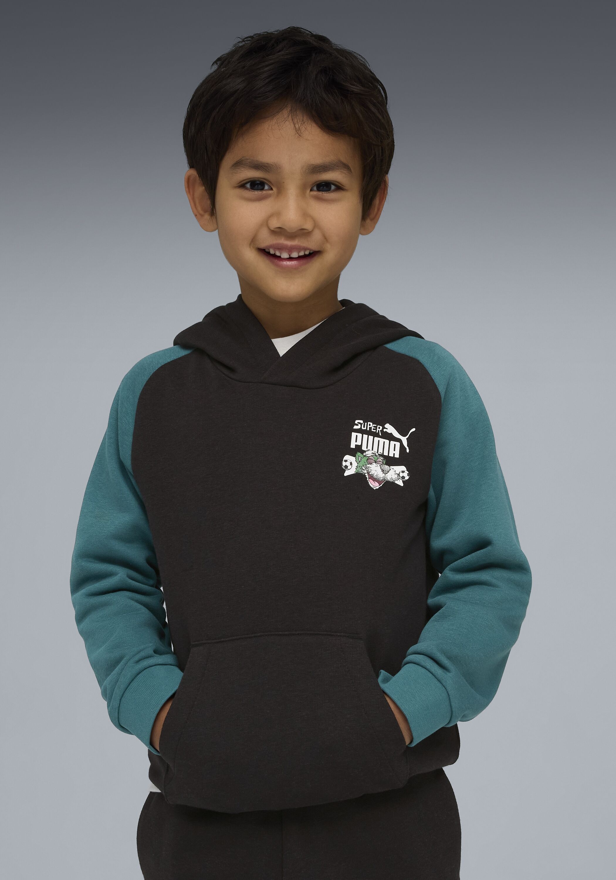 Kapuzensweatshirt PUMA "SUPER HOODIE TR PS", Jungen, Gr. 110, puma schwarz, Sweatware, Obermaterial: 68% Baumwolle, 32% Polyester, bedruckt, regular fit normal, angesetztes Bündchen, Sweatshirts Kapuzensweatshirt, für Kinder, sportlicher Stil, mit Print-A