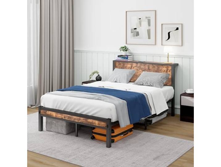 Bellemave Metallbett 120x200,Bettrahmen mit Stauraum-Kopfteil,Vintage Braun MDF & Metall,Geräuschfreie Konstruktion,großer Unterbett-Stauraum,belastbar bis 220 kg,ohne Boxspring erforderlich