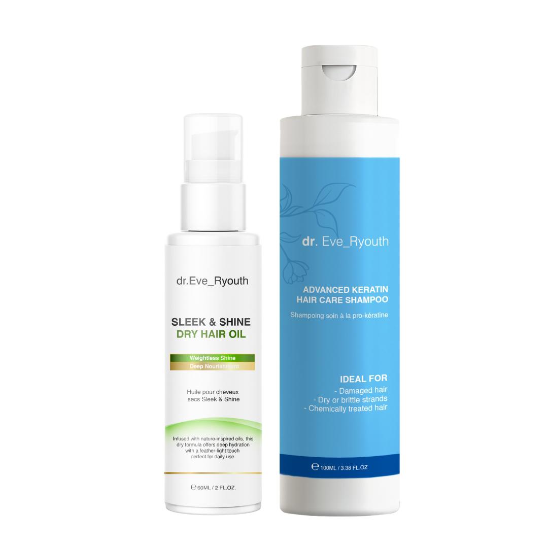 FORTSCHRITTLICHES KERATIN HAARPFLEGE SHAMPOO 100ML + GLATT & GLÄNZEND TROCKENHAARÖL 60ML