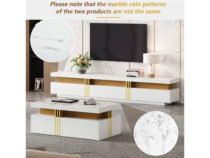 ROVRYN Ensemble meuble TV et table basse blanc effet marbre moderne avec détails dorés