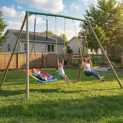 Klokick 9.5' Heavy Duty Metal Swing set for Backyard with Platform Swing, Belt Swing, and Trapeze Bar