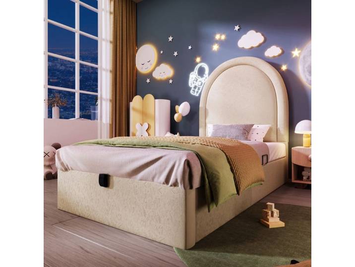 Lit enfant rembourré beige avec rangement 90 × 190 cm