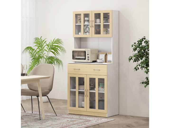 HOMCOM Buffet Cuisine Haut 4 Portes Vitrine Blanc/Chêne