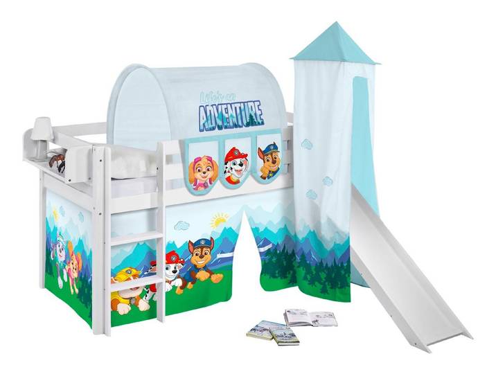 Lilokids Kinderbett Hochbett JELLE weiß mit Vorhang & Turm PAW PATROL 200x90cm
