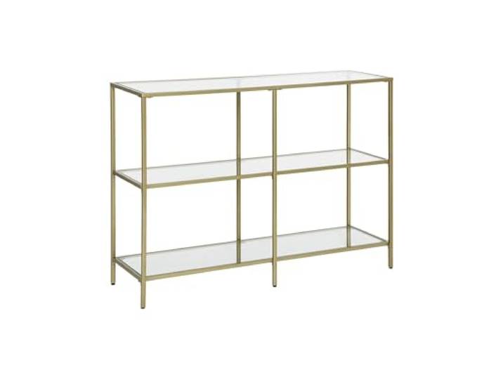VBChome Konsolentisch 100x30x73 cm 3 Fächer Gold Eingangsmöbel Glas Metallrahmen Hartglas Wohnzimmer Schlafzimmer Beistelltisch Verstellbare Füße Aufbewahrungsregal 100x30x73 cm 3 Fächer Gold