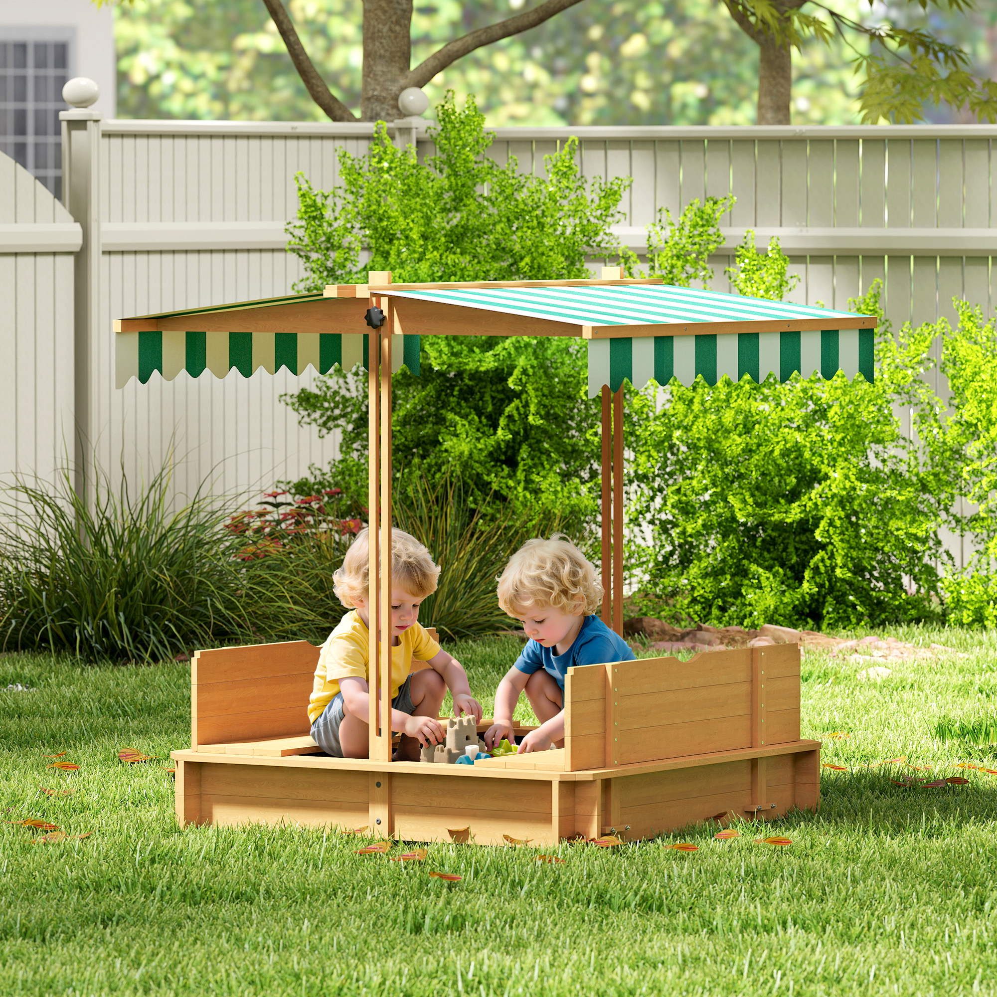 Outsunny Sabbiera 106x106 cm per bambini in legno con copertura regolabile in altezza panchine schienali Marrone chiaro   Aosom Italy
