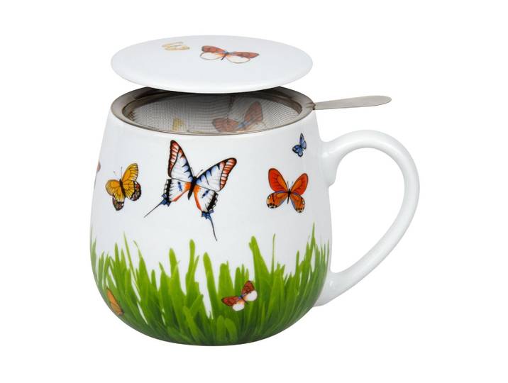 Tasse KÖNITZ Schmetterlingswiese , weiss (weiß), H:9,7cm Ø:8,2cm, Porzellan, Trinkgefässe, Tasse