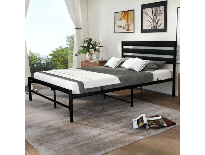 Lit double en métal noir avec tête de lit confortable en MDF