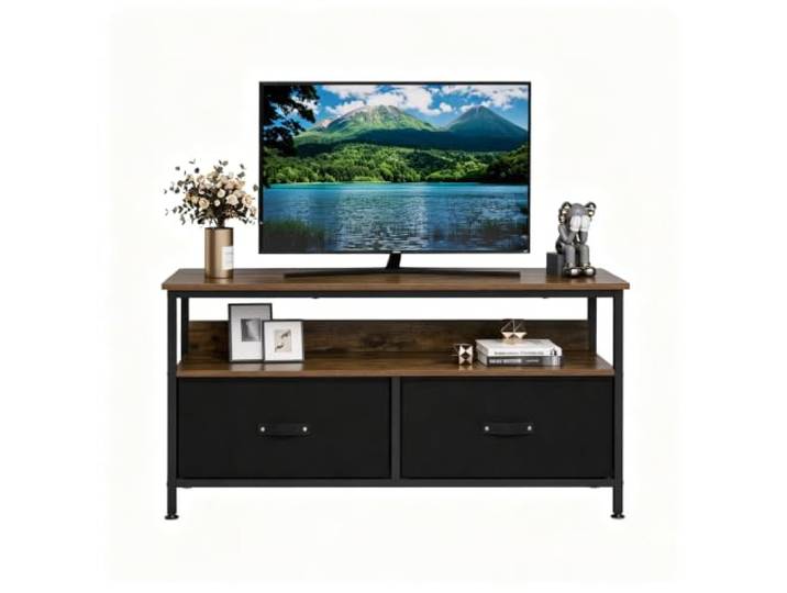 Koioplie TV-Lowboard 50 Zoll Holz Stoffschubladen Offene Fächer Wohnzimmer Zwei Klappfächer, Medienablage, Kommodenoptik, Platzsparende Bauform, Schlafzimmer