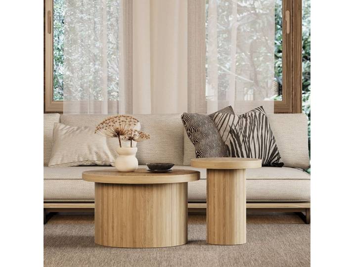 Table basse double table ronde table d'appoint avec lattes en bois naturel. Table de salon multifonctionnelle