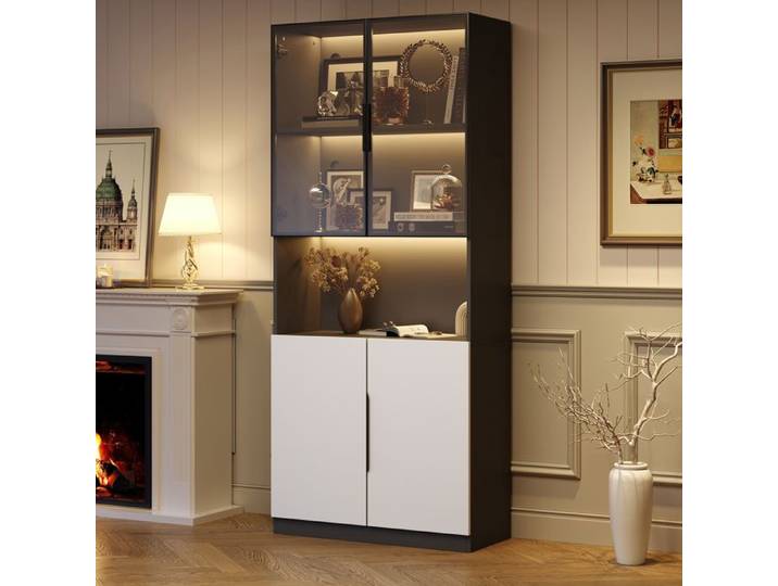 LPOSPI Vitrine moderne - vitrine avec portes vitrées et led meuble de rangement et bibliothèque - 80 x 30 x 200 cm - noir