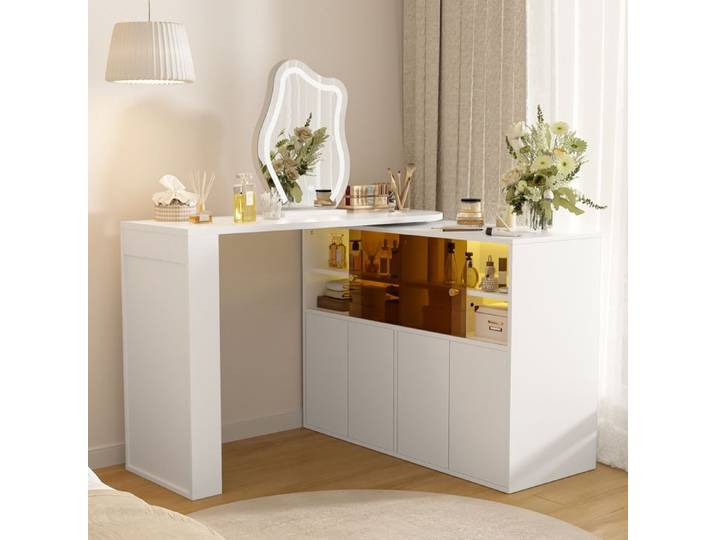 Coiffeuse - ZEVKOR - LED pivotante en L - Miroir LED 3 couleurs - Rangements multicouches - Porte coulissante