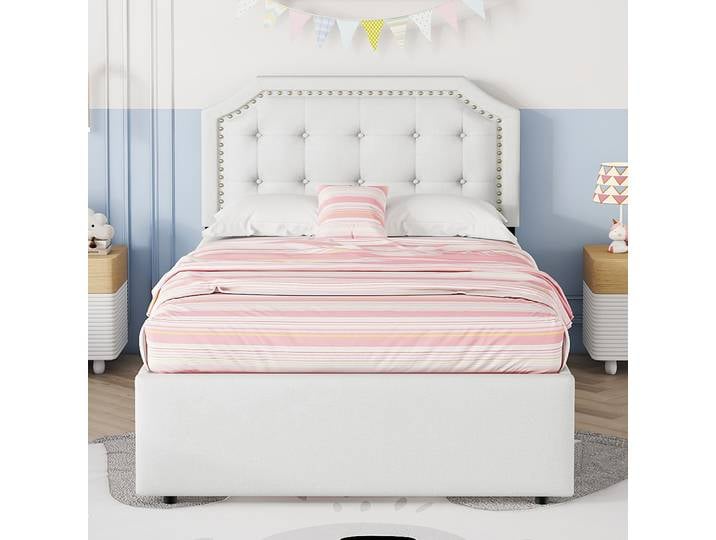 KOMHTOM Lit plat 90x200 cm Lit rembourré avec table de chevet Rembourré et rivets décoratifs Tiroirs doubles Beige clair