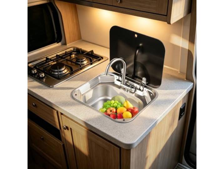 Wohnmobil Spüle mit Glasdeckel, Edelstahl Waschbecken, 41,5 × 37 × 16 cm Camping Spülbecken mit Klappbarer Warm-/Kaltwasserhahn & Ablaufset, platzsparend, für Wohnmobil, Camper, Bar und Café