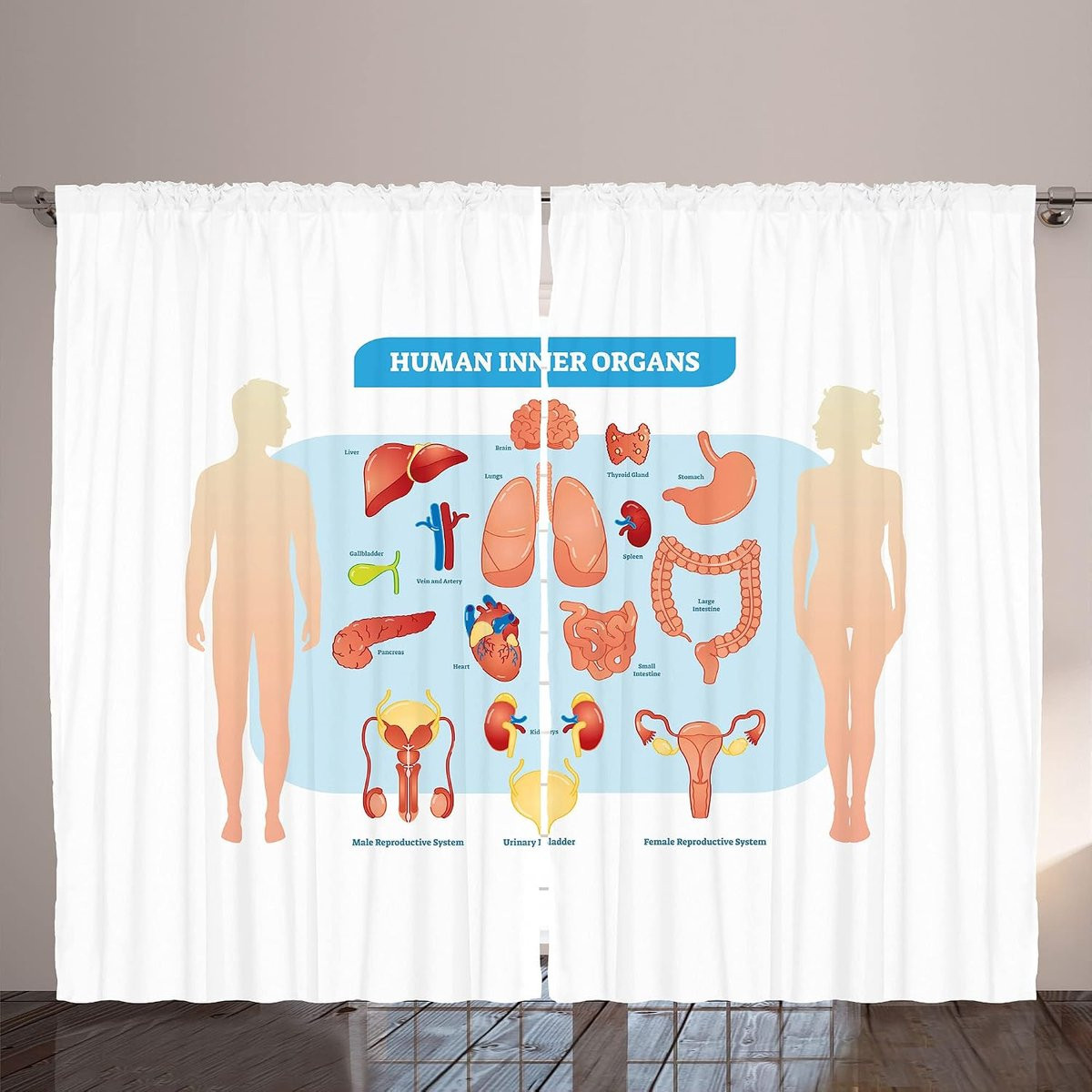 Anatomie Gordijn met Organen Motief - Blauw Beige - B: 280 cm, H: 260 cm