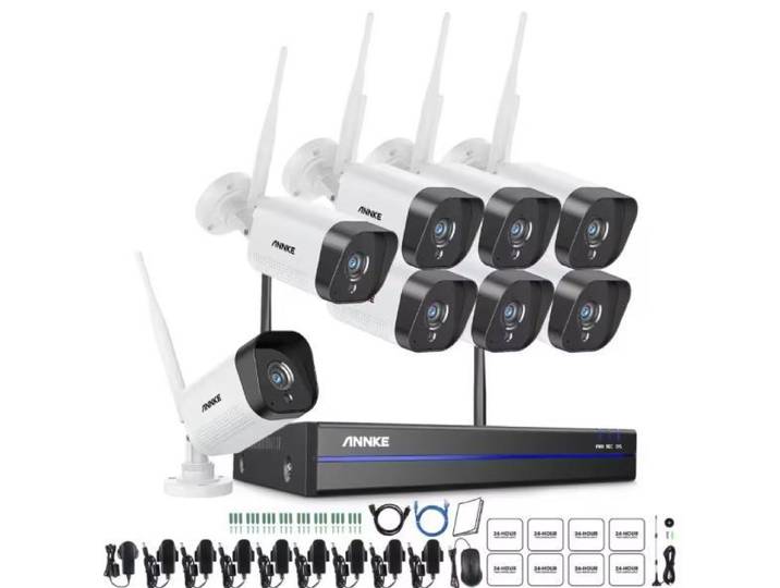 Système de caméras de sécurité WiFi\, caméra IP 3 MP\, NVR 5 MP\, vision nocturne jusqu'à 30 mètres\, 8 caméras\, disque dur intégré non inclus