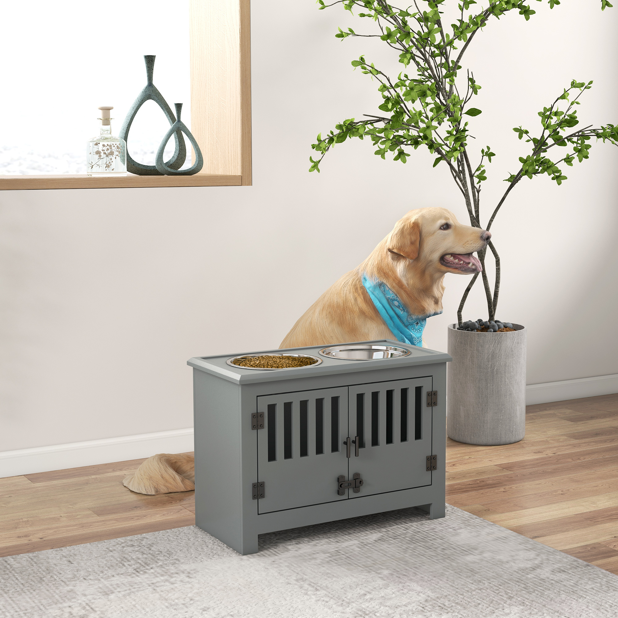 Pawhut Stazione di Alimentazione Rialzata per Cani Grandi, 2 Ciotole in Acciaio Inossidabile, Spazio di Archiviazione, 35,5x60x30 cm, Grigio   Aosom Italy
