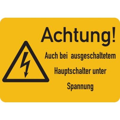 Warnschild, Auch bei ausgeschaltetem Hauptschalter unter Spannung, Folie - ISO 7010 - 52x37 mm Folie selbstklebend