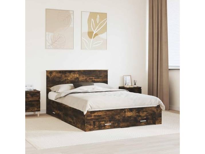 RJPLMFV Bettgestell, Raucheiche, 150 x 200 cm, Holz Mit Aufbewahrungsschubladen, Stangengriffen, Lattenrost inklusive, pflegeleicht