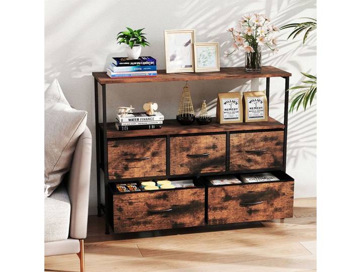 GIANTEX Buffet de Cuisine Style Industriel- Commode à 5 Tiroirs en Tissu- 2 Étagères Ouvertes- Cadre en Métal- 100x30x80cm- Marron