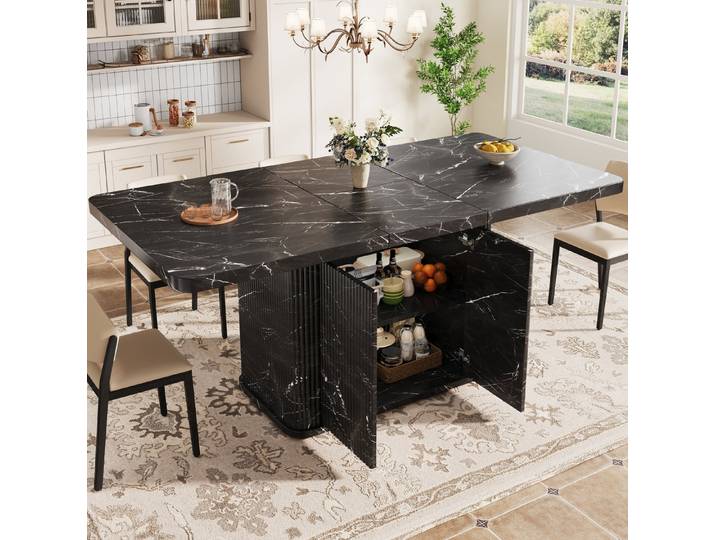OKWISH Esstisch Ausziehbarer Tisch 140-180 cm, Schwarz Marmoroptik, mit Stauraum (Packung, 1-St., Hochwertiger Funktionstisch mit integriertem Fach für kleine Räume), Klappbare Platte & vertikale Streifen – elegantes Raumkonzept